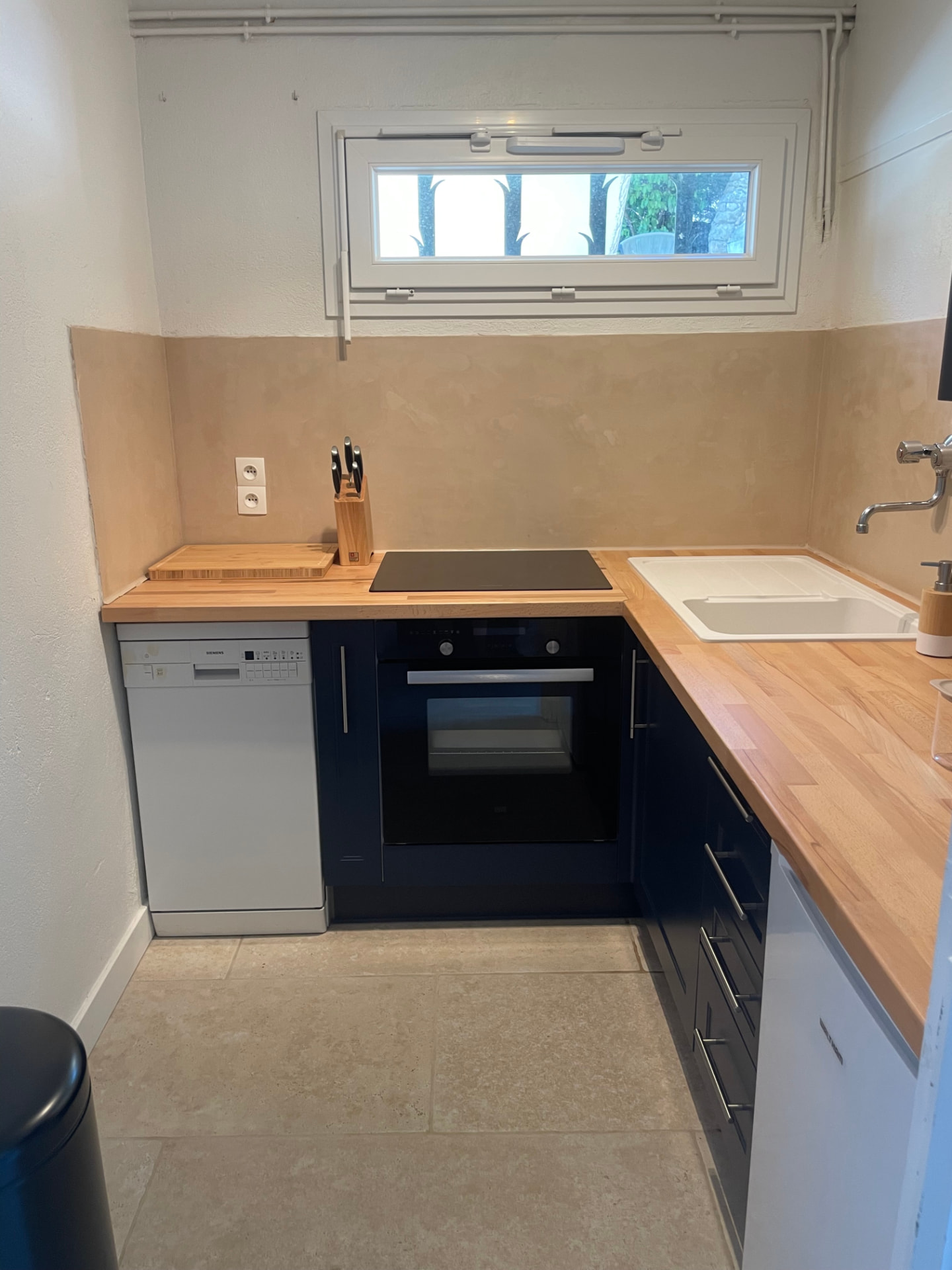 Compact modern kitchen with dark blue cabinets and full equipment